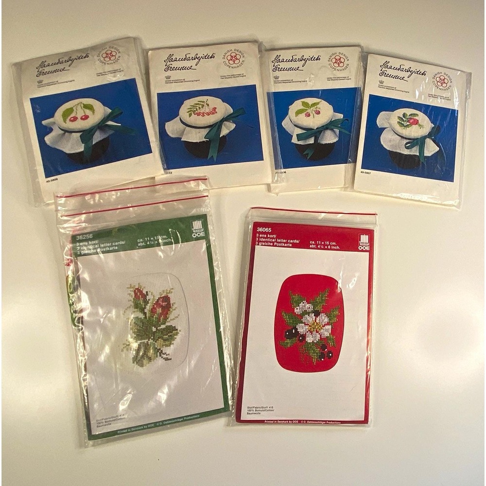 Vtg Danish Design Copenhagen Cross Stitch Kits Jar Cover Topper Card Flowers Lot